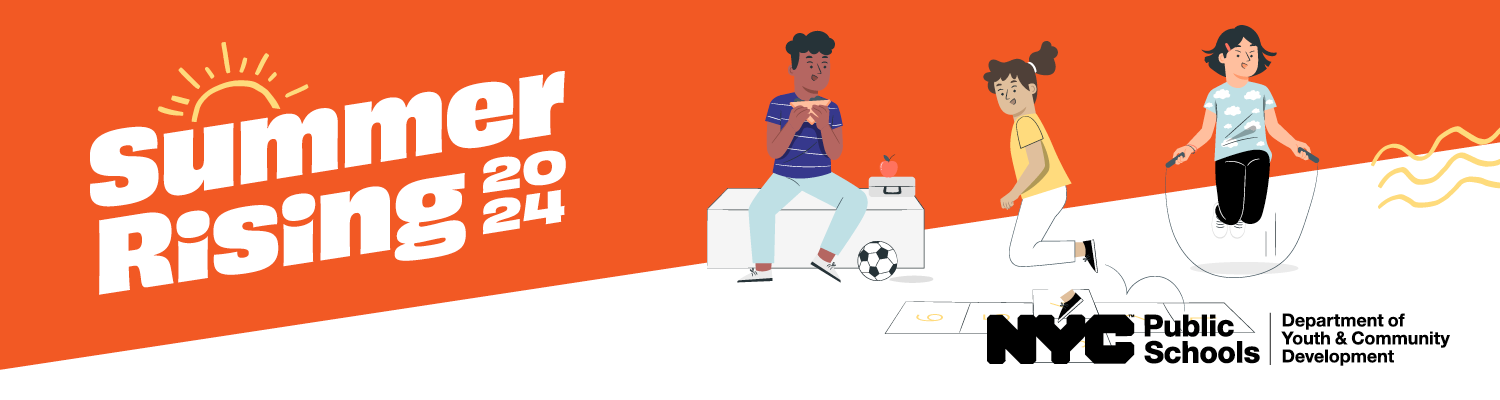 Web header featuring three playing children for Summer Rising 2024