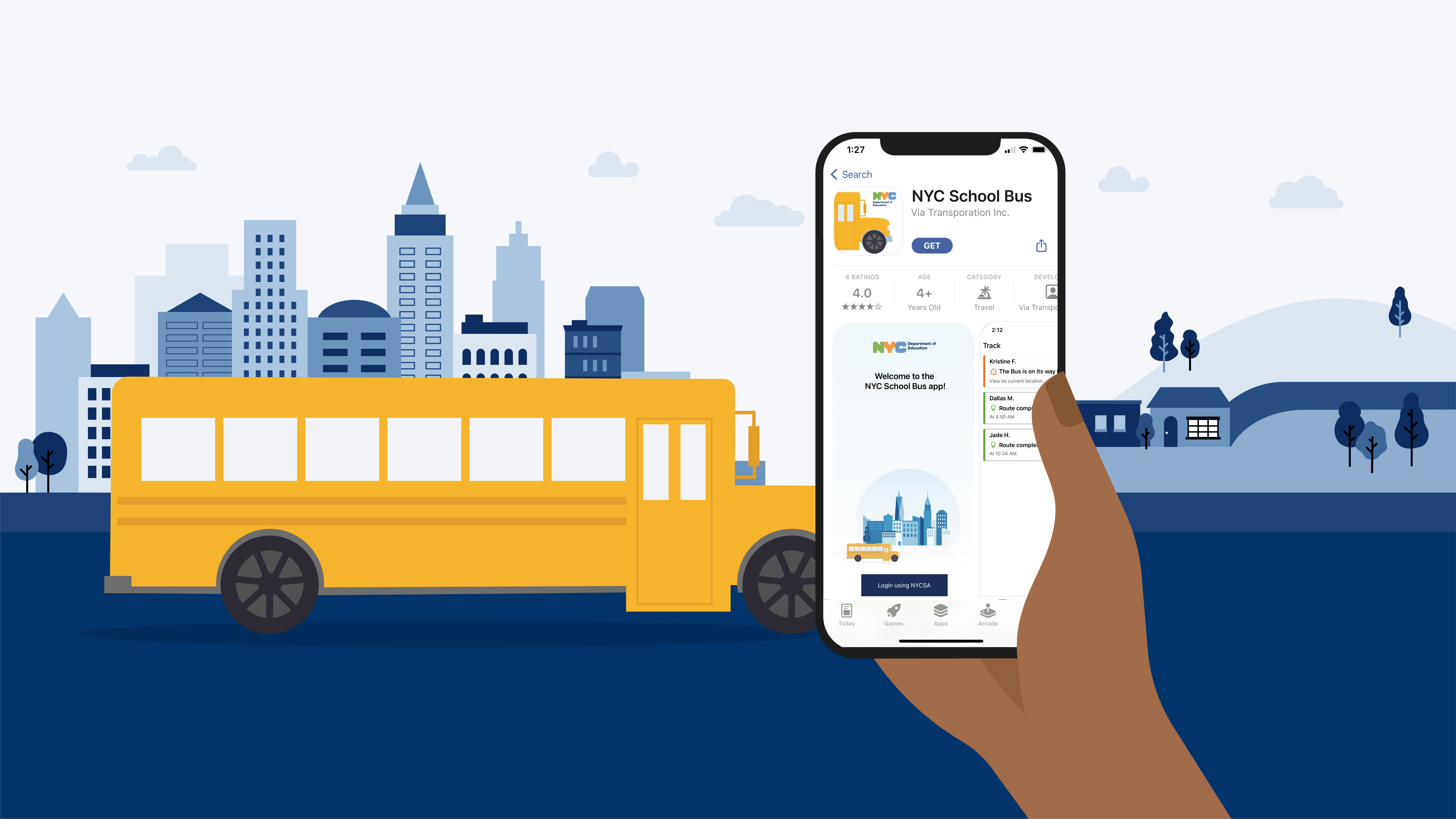 Animated image of a phone showing the app and school bus in the background