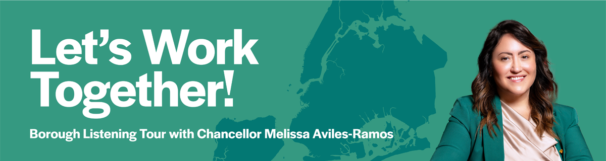 Chancellor Aviles-Ramos superimposed in front of a green map of New York City with text that reads, 