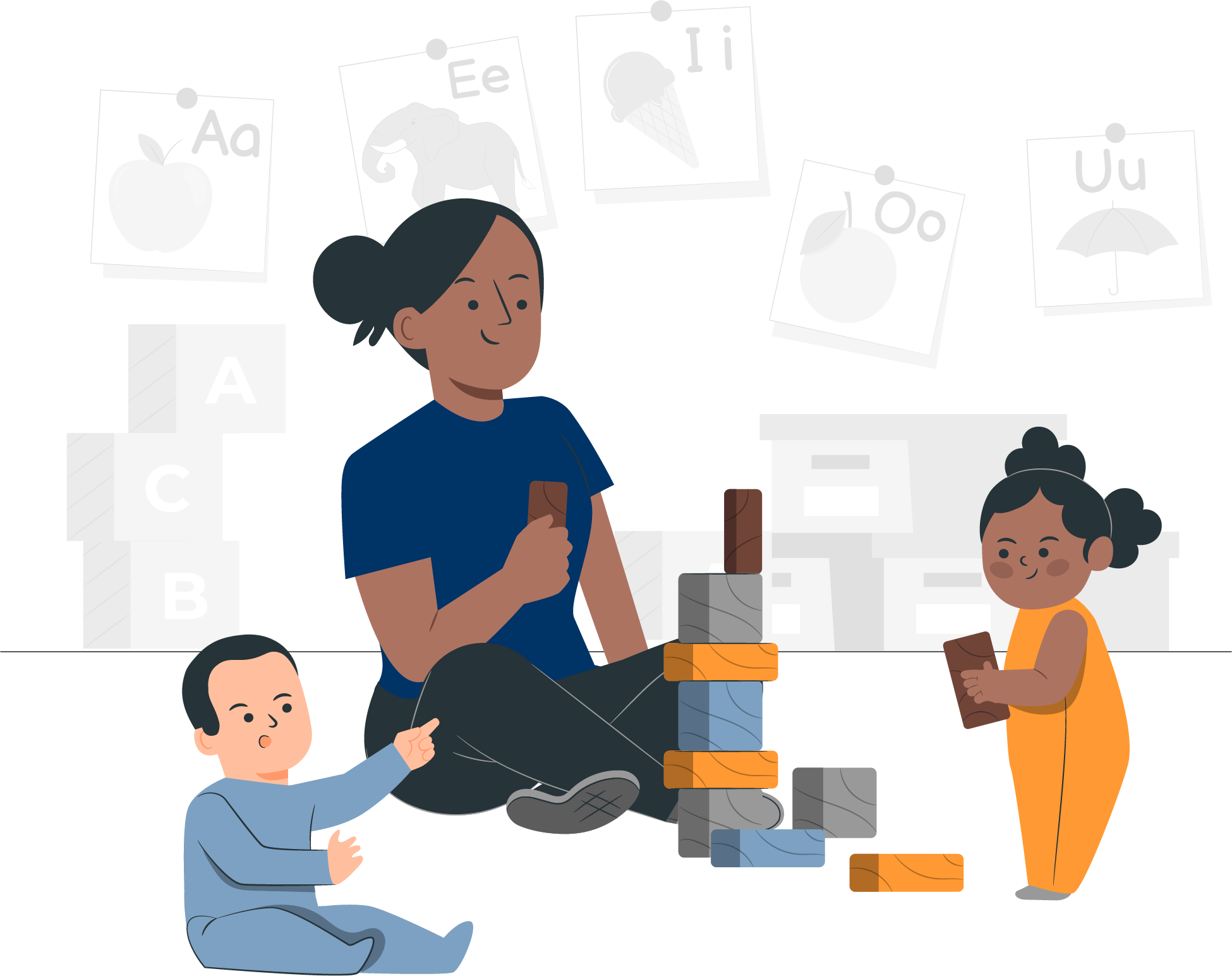 Graphic of a person with 2 very young children playing with stacking blocks