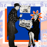 Collage of a black and white photo of a standing man and sitting woman looking at a Subway Sun poster, with one of the posters about preventing littering and promoting a 'Clean City' with blue, orange, and white illustrations.