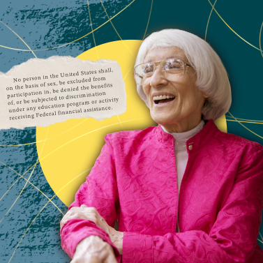 Woman with white hair and pink jacket smiling; accompanying text is opening sentence of Title IX, prohibiting discrimination 'on the basis of sex.'