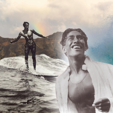 Collage of two black and white photographs of Duke Kahanamoku surfing (left) and smiling in a portrait (right) with a color photo of a wave crashing at Diamond Head in Waikiki in the background.