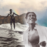Collage of two black and white photographs of Duke Kahanamoku surfing (left) and smiling in a portrait (right) with a color photo of a wave crashing at Diamond Head in Waikiki in the background.