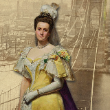 Collage of painting of Emily Roebling in a yellow gown in front of a sepia-toned photograph of the unfinished Brooklyn Bridge during construction.
