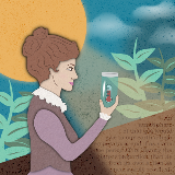 Illustrated graphic of a woman, Eunice Foote, standing in front of the sun, holding up a glass cylinder with a thermometer inside of it.