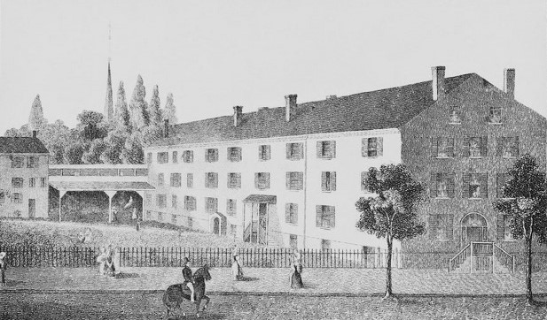 Black and white sketch of Troy Female Seminary as it looked in the early 1820s.