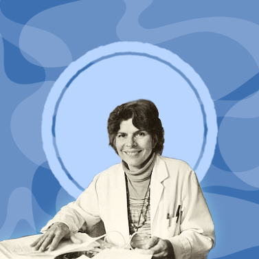 Black and white photograph of Helen Rodríguez-Trías in a lab coat in front of a blue background.