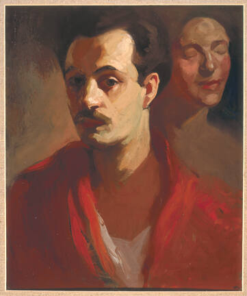 Self portrait painting of Kahlil Gibran, wearing red. There is a figure that appears to be a woman with her eyes closed painted in the background behind his head.