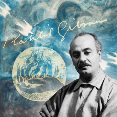 Collage featuring a black and white photograph of Kahlil Gibran, Gibran's signature, an illustration of a hand holding up people dancing, and a blue painting with birds and a mountain landscape in the background.