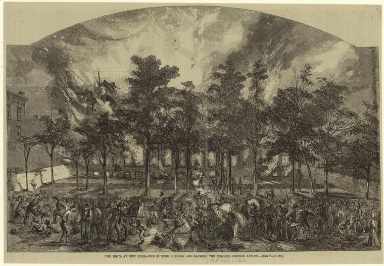 Black and white illustration depicting the burning of the Colored Orphan Asylum during the New York City Draft Riots.