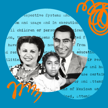 Blue background with two circles containing text from a legal document overlaid. Collage of back and white photographs of a woman, man, and a young girl inside of the larger of the two circles. Orange line doodles in the top right and bottom left corners.
