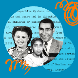 Blue background with two circles containing text from a legal document overlaid. Collage of back and white photographs of a woman, man, and a young girl inside of the larger of the two circles. Orange line doodles in the top right and bottom left corners.