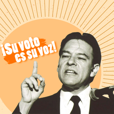 Black and white photograph of Willie Velasquez giving a speech in front of orange background next to text reading '¡Su voto es su voz!'