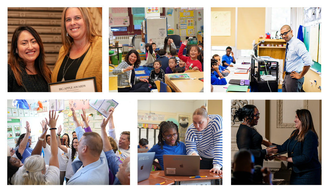 Newsletter banner shows NYCPS educators and Big Apple Award winners.