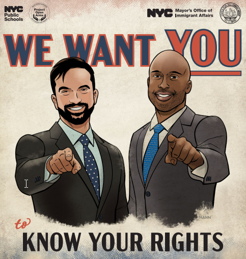 The cover of the Know Your Rights comic book, featuring Mayor Mamdani and Chancellor Samuels saying 'We want you to know your rights.';