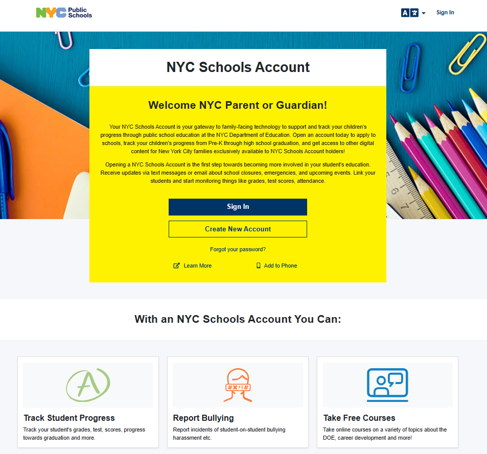NYC Schools Account page NYC Schools Account page