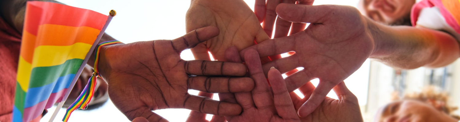 Web banner of students' hands in a huddle looking up. There is a LGBTQA flag to the left.