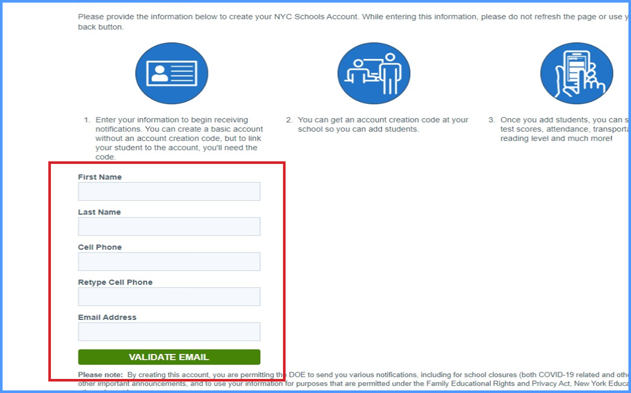 Create account page with information block squared in “red”