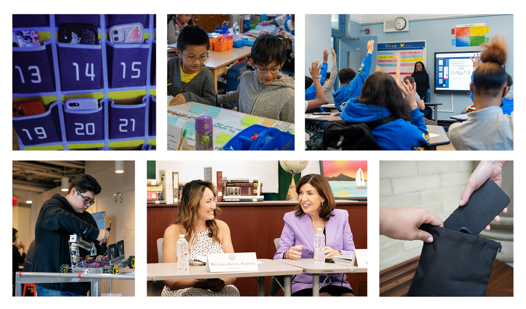 Newsletter banner shows students and cell phone collection methods.