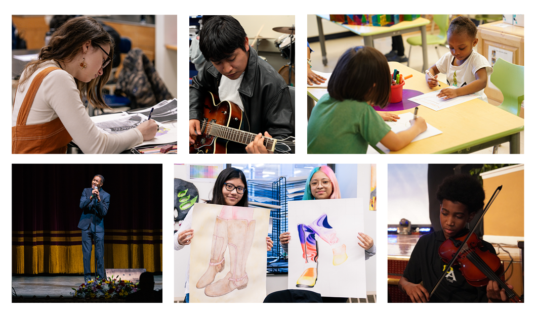 Newsletter banner shows students performing and participating in arts activities.