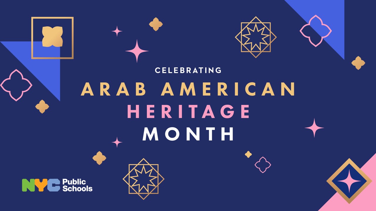 Dark blue background with pink, light blue, and gold illustrations and text that reads 'Celebrating Arab American Heritage Month.'