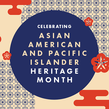 Banner graphic with navy blue and bright orange illustrations that reads 'Asian American and Pacific Islander Heritage Month.'
