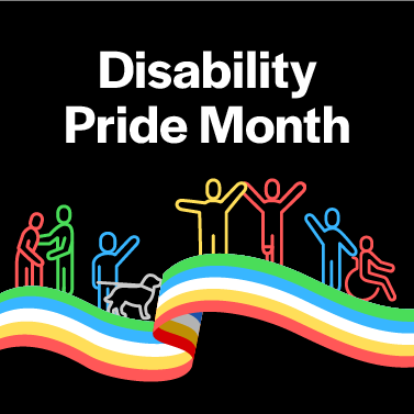 Black background with colorful outlines of people using various accessibility aids and a green, blue, white, yellow, and red striped banner.