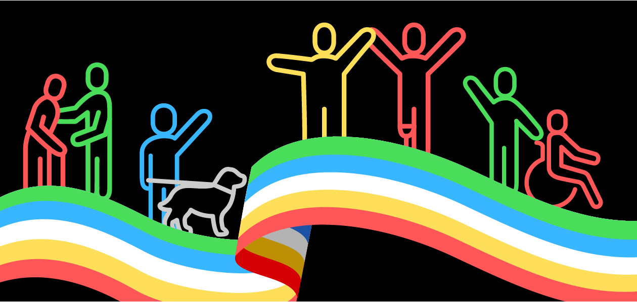 Black background with colorful outlines of people using various accessibility aids and a green, blue, white, yellow, and red striped banner.
