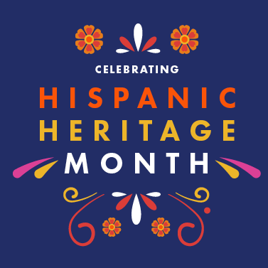 Dark blue background with text that reads 'Celebrating Hispanic Heritage Month' in white, orange and yellow text in the center. Illustrations of flowers and lines in the same colors surround the text.