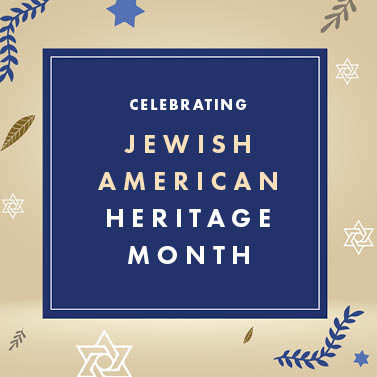 Beige background with a blue rectangle with the words 'Jewish American Heritage Month' surrounded by illustrations of leaves and the Star of David.