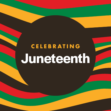 Red, yellow, black, and green wavy striped background with a circle containing text that reads 'Celebrating Juneteenth' in the center.