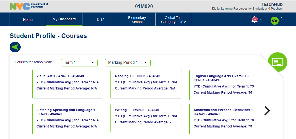 TeachHub Student Course view with YTD shown