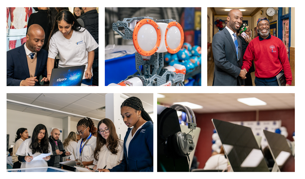 Collection of five pictures, starting top left and working clockwise—Chancellor Kamar Samuels speaking with a student, a close-up of a robot, Chancellor Samuels shaking hands with an NYCPS educator