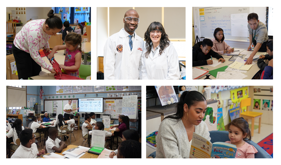 Five photos, beginning with top left, going clockwise: a teacher leaning over to help a young student; Chancellor Kamar Samuels standing next to a science teacher, both wearing lab coats; a teacher leaning over a classroom table and pointing to a paper while students look on; a classroom featuring students sitting at their desks and a teacher in the center of the classroom; a close-up of a teacher reading a picture book with a young student.
