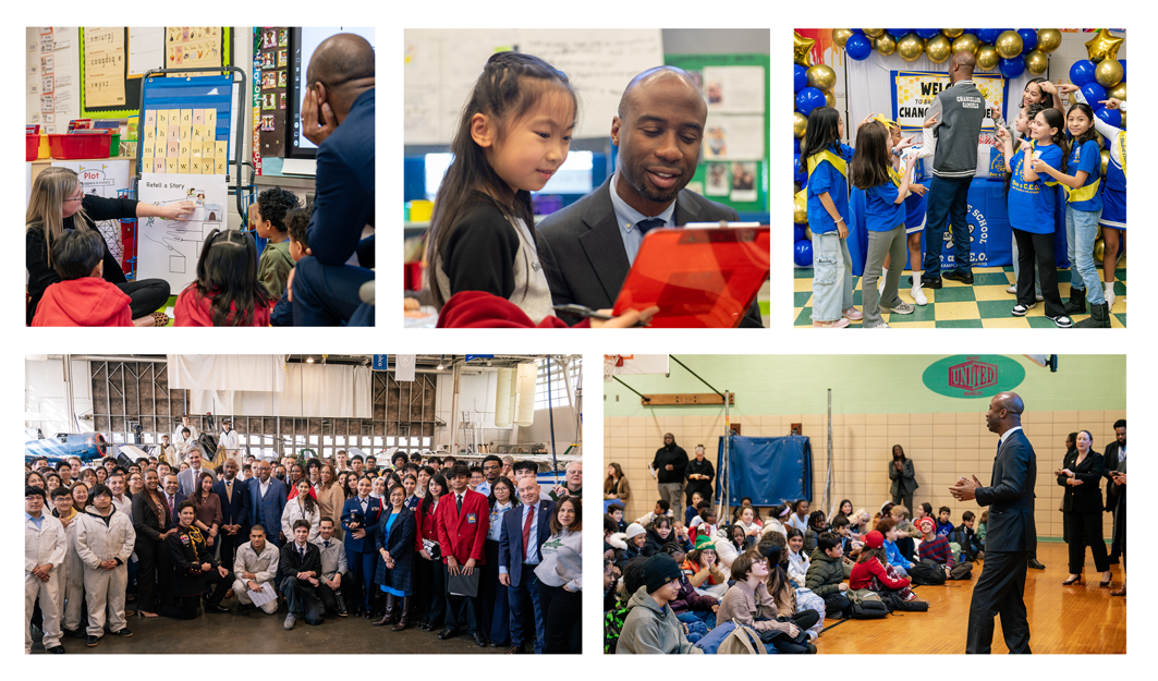Grouping of five photos featuring smiling elementary school-aged students engaging in Summer Rising-related activities, including swimming lessons, STEM block building, and bubble blowing.