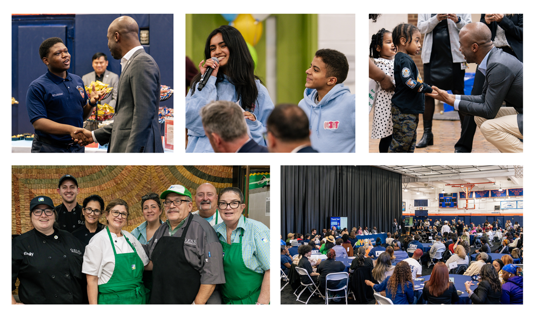 Group of five photos featuring the Chancellor speaking with students, a group of Food and Nutrition Services employees, and an auditorium filled with parents, students, and staff members.