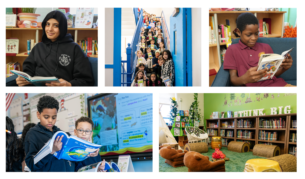 Group of five photos; starting from the top left, going clockwise: a young person smiling while sitting in a classroom and holding a book; a group of over 20 elementary school-aged children holding books while sitting in a school stairwell; a close-up of a middle school student reading a book while sitting in a classroom chair; two middle school-aged students reading a textbook together; and a nature-themed classroom reading area featuring log-shaped chairs and a table shaped like a beehive.