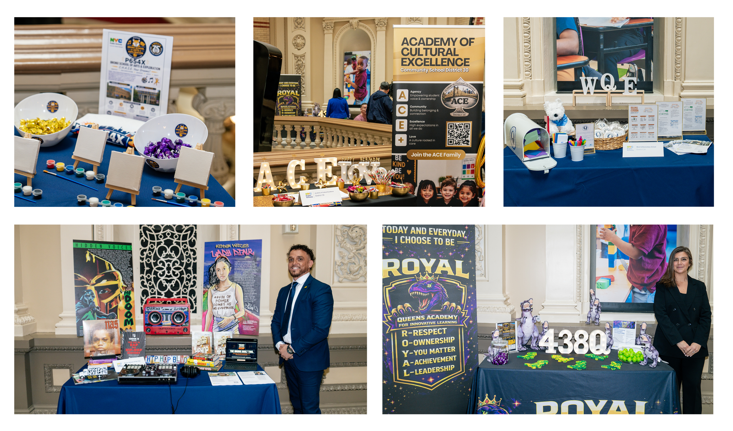 Five photos are shown. Each photo features a table with banners and printed materials from a different new school. In the bottom two photos, the project director for the schools is also pictured.