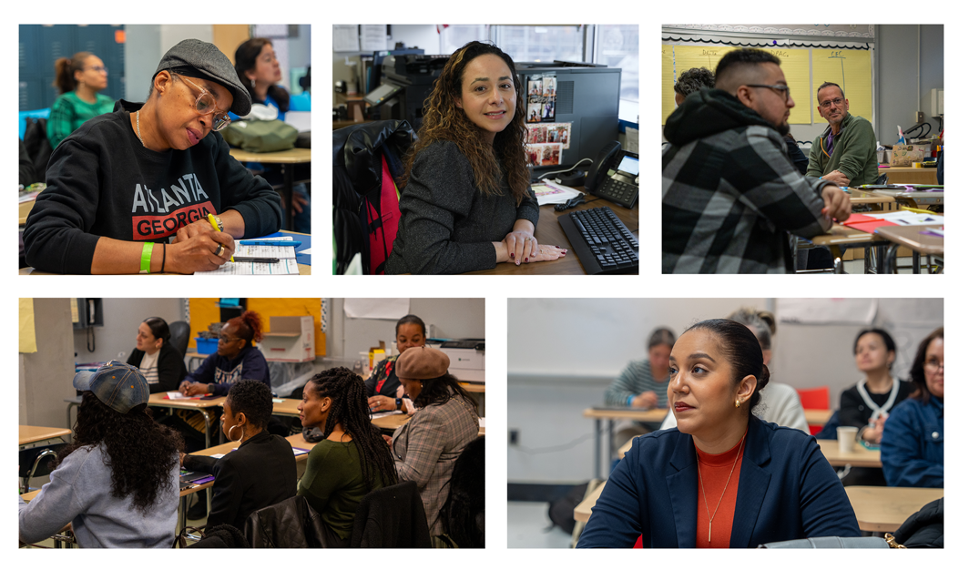 Starting top left and working clockwise; an adult sitting at a classroom desk and highlighting text from an open notebook; an adult sitting at an office desk and smiling; three adults, including one who is less visible to the viewer, sitting inside a classroom and listening to an off-camera speaker; seven adults sitting at classroom desks arranged together in a rectangular form; and a close-up on the face of an adult sitting at a classroom desk and looking at an off-camera speaker.