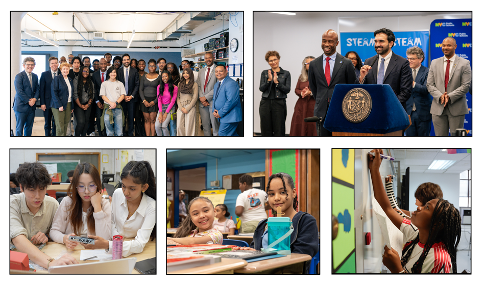 A banner that reads ‘NYC Public Schools, PS + You from Chancellor Kamar H. Samuels,’ featuring five images, clockwise beginning top left: a large gathering of elected and school leaders smiling and standing around Mayor Zohran Mamdani; Chancellor Samuels and Mayor Mamdani smiling at a podium; side view of two middle school students writing on a whiteboard; two elementary school students sitting at desks and smiling; three high school aged students sitting together at a table