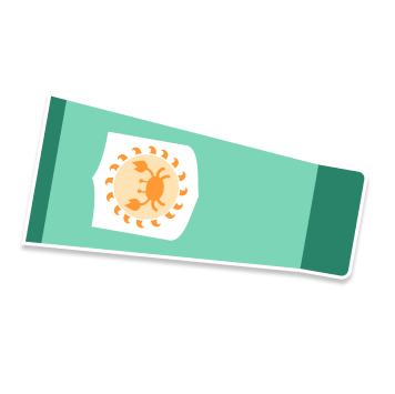 A bottle of sunscreen with a sun symbol featuring a crab motif