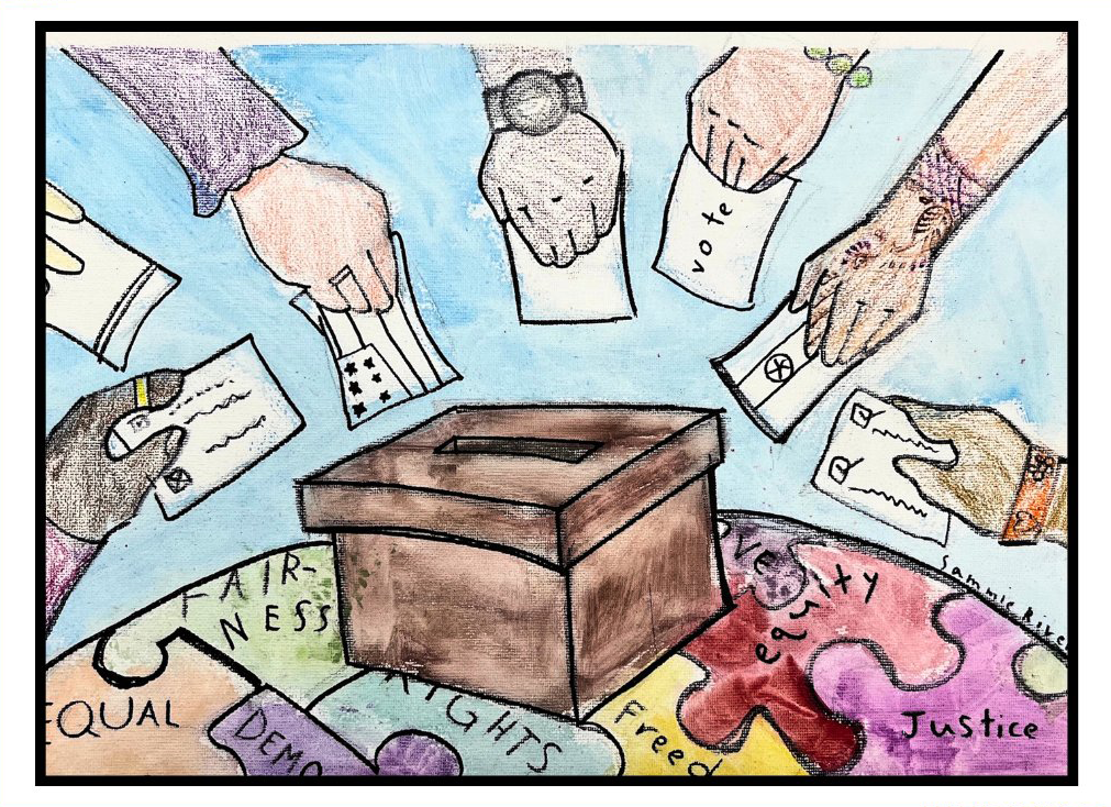 Hand drawn poster featuring several hands placing their voting into a ballot box, which is sitting on top of a puzzle-like world make up of pieces labeled, 