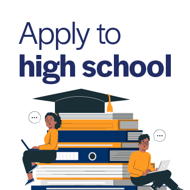 An animated graphic showing two students sitting on books with "Apply to high school" written above