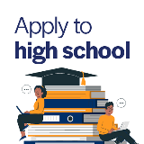 An animated graphic showing two students sitting on books with "Apply to high school" written above