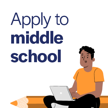 An animated graphic of a boy with a laptop with 'Apply to middle school' written on top