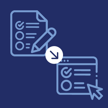 Two icons showing a written test converting into a digital test.