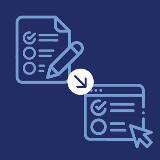Two icons showing a written test converting into a digital test.