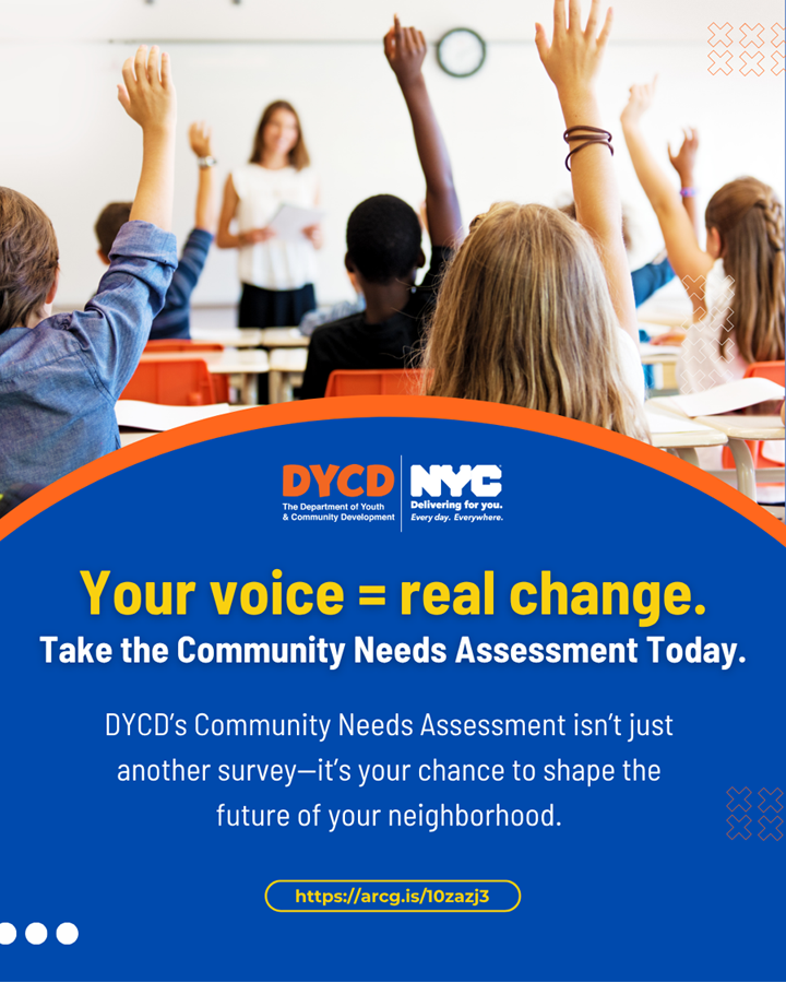 Poster featuring a photo of the backs of students inside a classroom raising their hands. The poster reads, 'Your voice equals real change. Take the Community Needs Assessment Today.'
