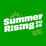 Green background with bold, white text that reads 'Summer Rising 2025' with a pale yellow illustration of half of the sun above the words.